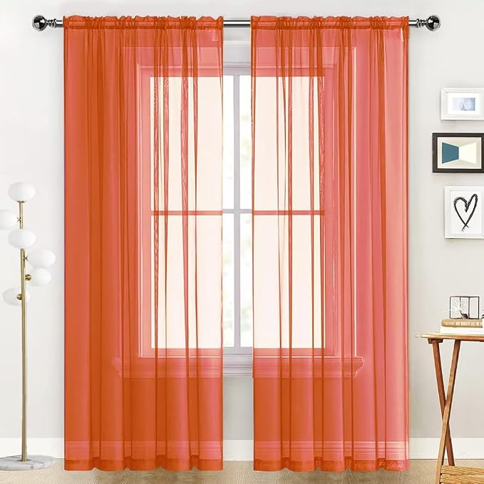 SpaceDresser Basic Rod Pocket Sheer Voile Window Curtain Panels Jaffa Orange 1 by SpaceDresser