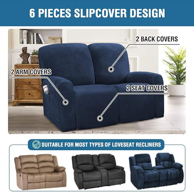 H.VERSAILTEX Velvet Stretch Recliner Couch Covers 6-Pieces Recliner Loveseat - Image 2