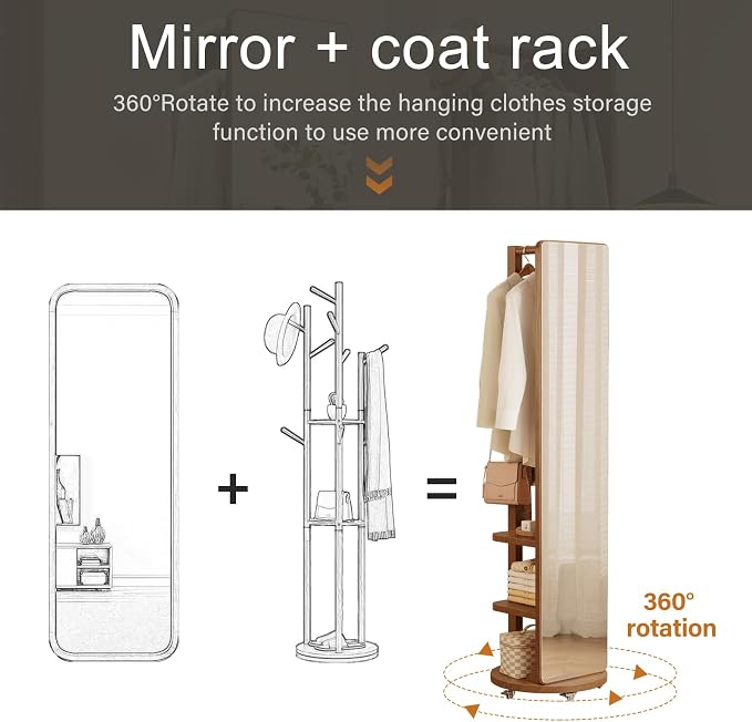 WoodsWhisper Full Length Mirror Coat Rack Solid Wood Floor Mirror 66"x12" Full - Image 3