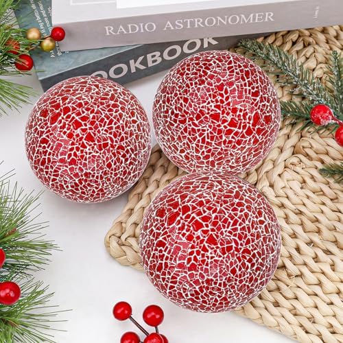 3 Pcs Decorative Balls for Bowls,3.15" Red Mosaic Glass Balls - Image 6