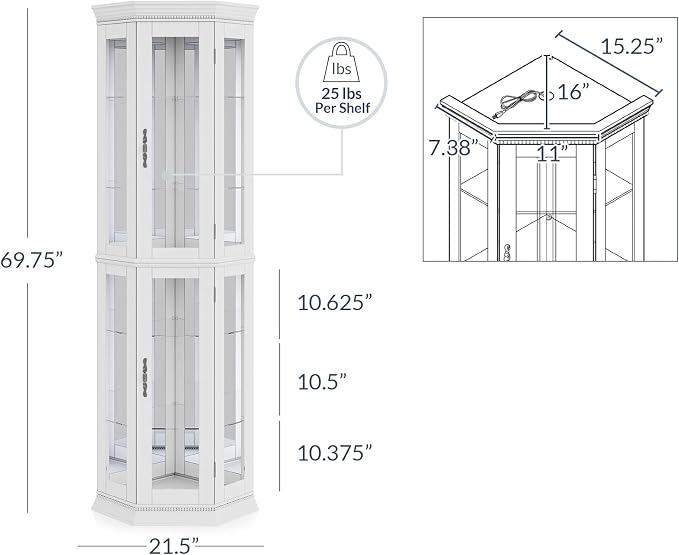 BELLEZE Lighted 3-Side Glass Display Curio Cabinet w/Tempered Glass Doors & - Image 2
