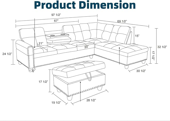 97.5" L Shaped Couch Set Leather, Modular Sectional Couches - Image 2