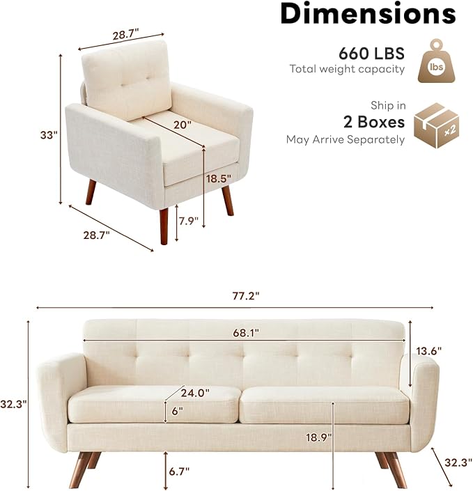Tbfit Mid Century Modern Sofa Couch, Standard Sofa & Accent Chair | linen fabric - Image 2