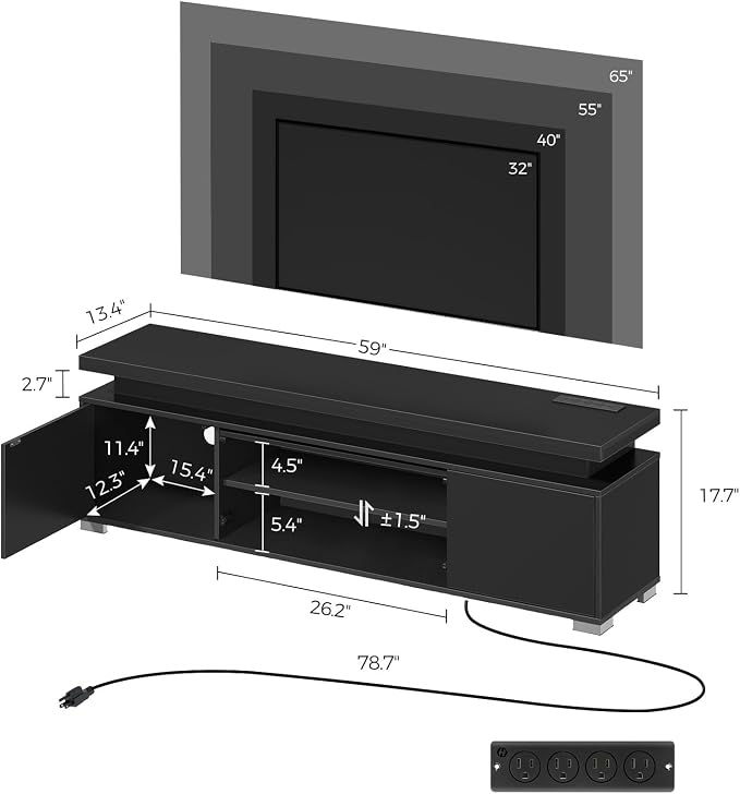 Rolanstar TV Stand with Power Outlet & LED Lights, Modern Entertainment Center - Image 6