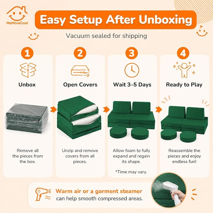 MeMoreCool Kids Play Couch, 8-Piece Modular Foam Sofa Fort Builder Set in - Image 3