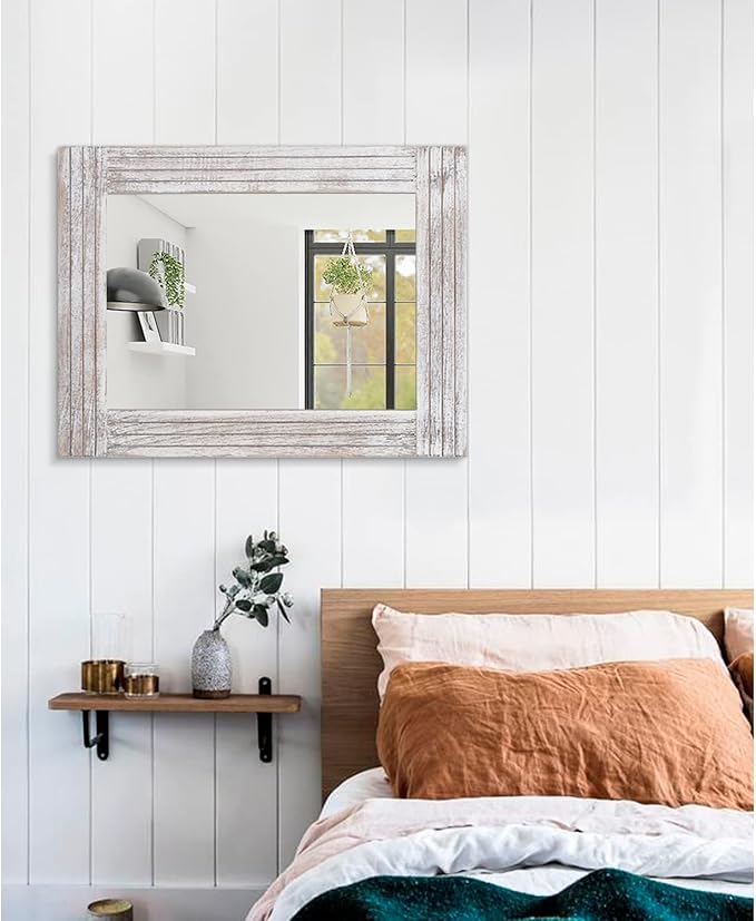 Wall Mirror Rustic Wooden Frame Rectangle Mirror Vintage Hanging Mirror - Image 5