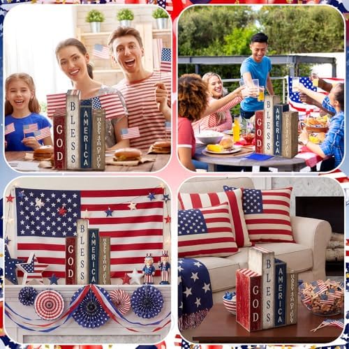 Lineshading 4 Pcs Patriotic Table Decoration Glod Bless American Wooden Book - Image 5