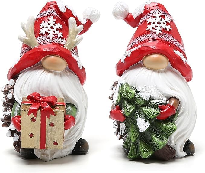 Hodao Christmas Gnomes Decor Resin Figurines with Red Hats and Snowflake Design, Cute Collectible Holiday Statue for Table Decor, Happy Xmas Gift to Celebrate Festive Home Centerpiece Decoration by Hodao
