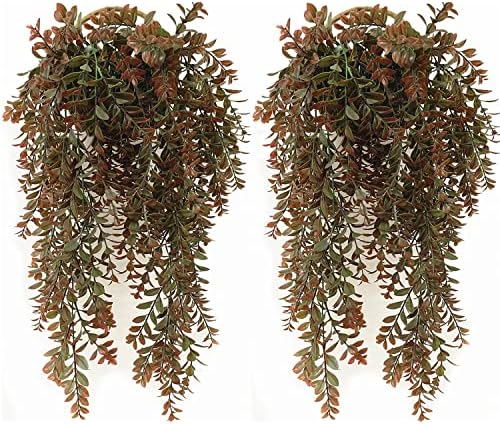 CATTREE Artificial Hanging Vines, Faux Ivy Leaves Plastic Plants Greenery Fake Leaf Plant UV Resistant for Indoor Outdoor Garden Door Wall Baskets DIY Wedding Party Table Decoration Red Brown 4 Pack by CATTREE