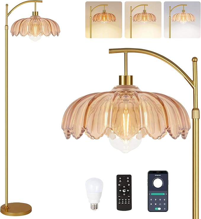 QIYIZM Glass Floor Lamp for Living Room, Mid Century Modern Brass Tall Lamp by QIYIZM