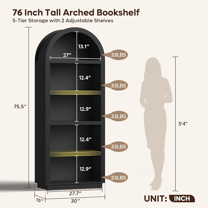 Bestier 76" Tall Arched Bookshelf, 5 Tier Arched Bookcase - Image 3