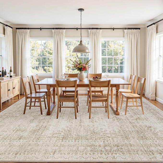 10x14 Area Rugs Living Room: Bedroom Neutral Washable Carpet Brown | Vintage - Image 3
