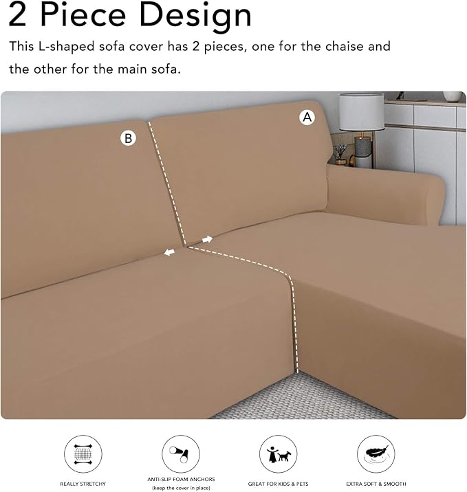 PureFit Stretch Sectional Couch Covers 2 pcs Non Slip L Shape Sofa Cover | - Image 5