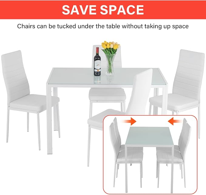 FDW | 5-Piece Dining Table Set | White | Glass Kitchen Table - Image 5