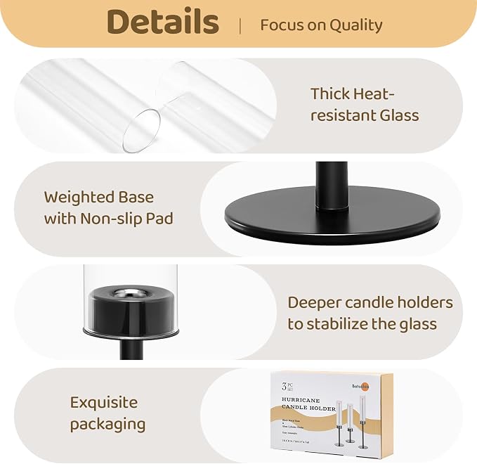 Black Hurricane Glass Candle Holders Set of 6, Tall Metal Taper Candle Stick - Image 3