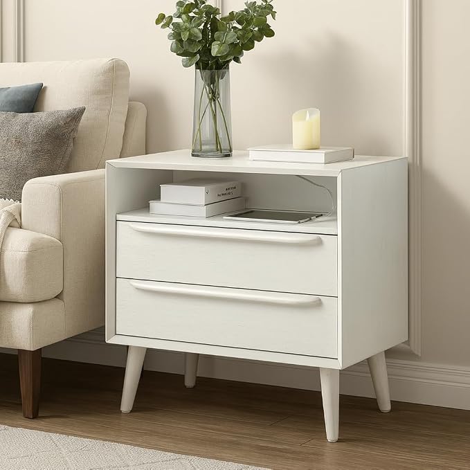HULALA HOME End Table with Charging Station, Mid-Century Modern 2 Drawer and by HULALAHOME