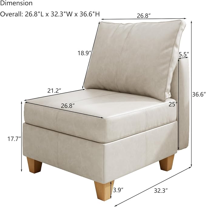 EASE MOOSE Middle Module Seat for Modular Sofa, Faux Leather Armless Chair - Image 2