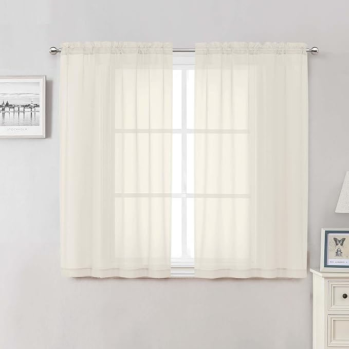 Cream Sheer Curtains 50 Inch Length 2 Pcs, Rod Pocket Light Filtering Voile by Lecloud