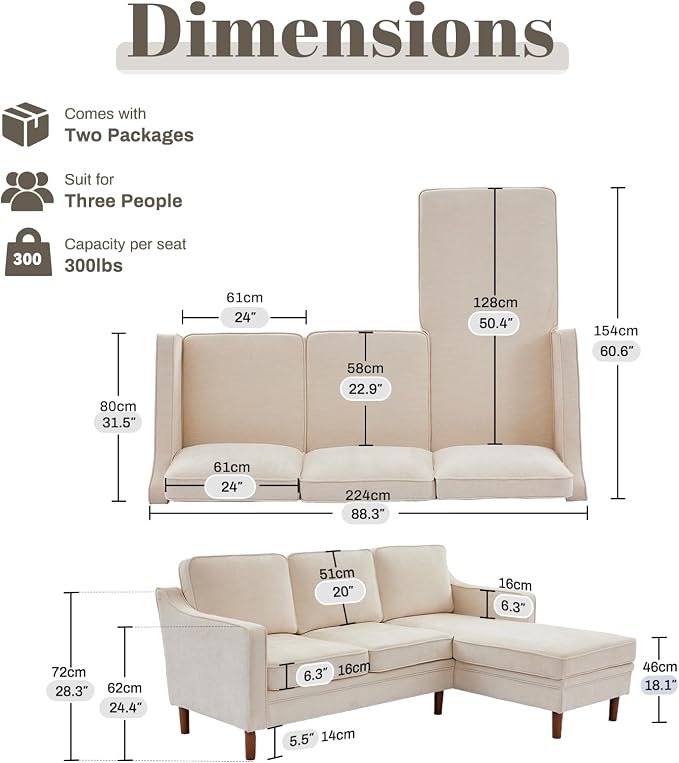 Kingfun 88" L-Shape Sofa, Chenille Sectional Couch, Mid Century Modern Couches - Image 2