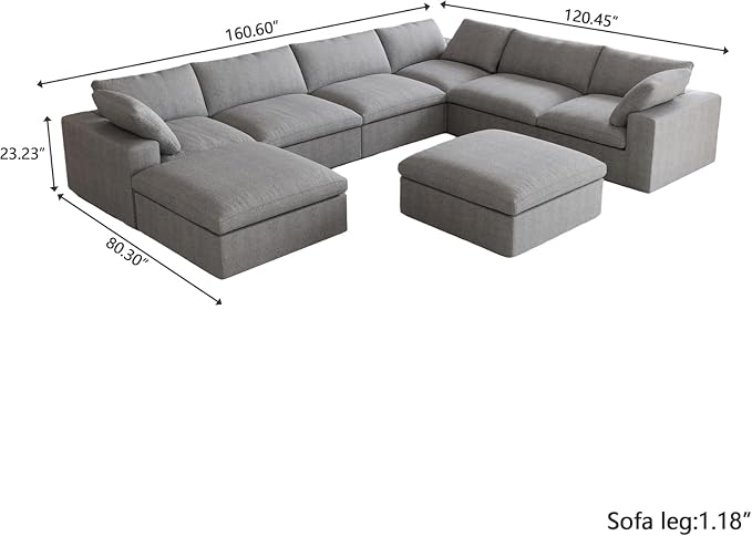 160" Cloud Sectional Couch, Overzised Down Filled Couch, 8 Seater Convertible - Image 2