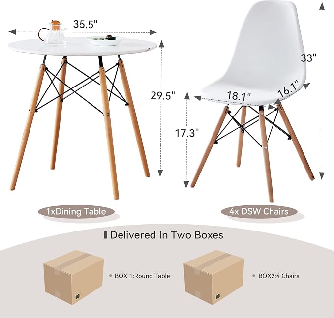 5-Piece Round Dining Table Set, Small 35.5" Kitchen Table Chairs Set of 4 Space - Image 2