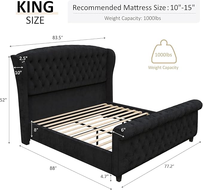 AMERLIFE King Size Platform Bed Frame, Velvet Upholstered Sleigh Bed - Image 2