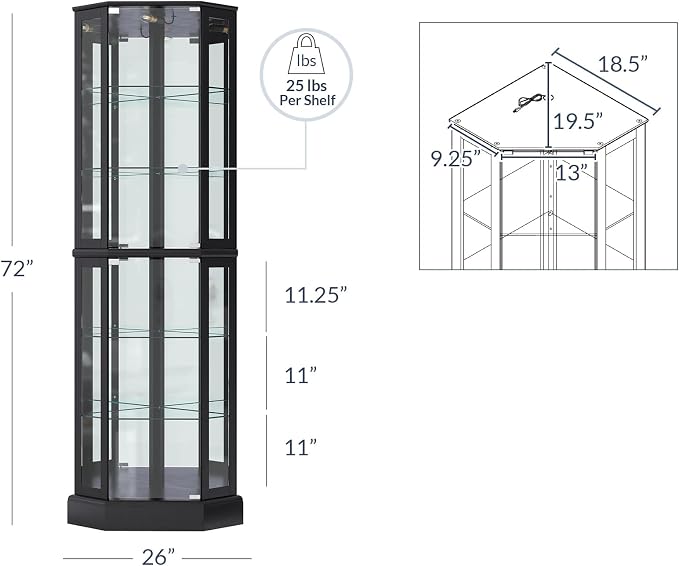 BELLEZE Lighted 3-Side Glass Display Curio Cabinet - Image 2