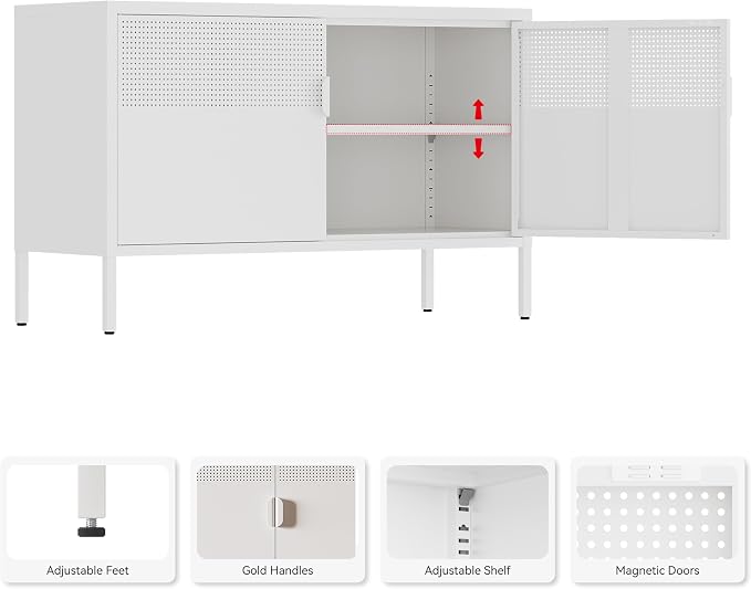 Metal Storage Cabinet, 2 Door TV Stand, Metal Mesh Accent Cabinet, Magnetic - Image 4