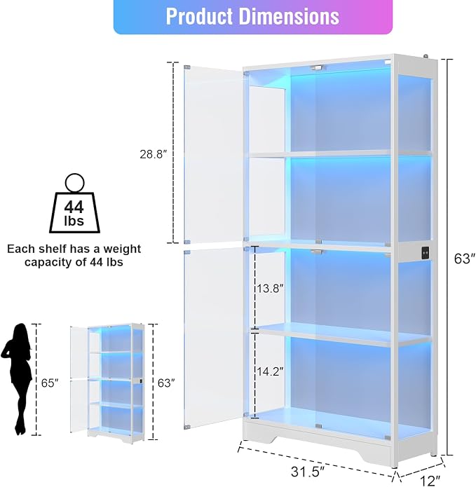 knoworld Display Cabinet with Glass Doors, 4-Tier Glass Display Case with 15mm - Image 2