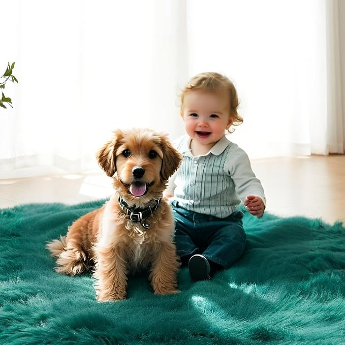 AMTOVO Faux Fur Sheepskin Rug for Living Room, 4 x 6 ft Dark Green Fluffy Area - Image 8