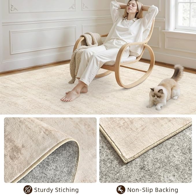 Round Area Rug Living Room: 8ft Washable Carpet Retro Beige | Vintage Boho - Image 7