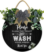 Bathroom Decor,Please Flush The Toilet and Wash Your Hands Thank You Sign,Rustic Round Wooden Wreath Sign,Bath Toilet Decoration for All The Seasons by Hilonret