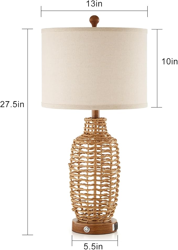Rattan Table Lamps Set of 2 Wicker Lamps 3 Way Dimmable Touch Control Farmhouse - Image 2