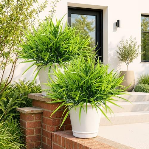 Uieke 28 Bundles Artificial Outdoor Plants UV Resistant Fake Grass Plants Faux Plastic Plants Greenery Shrubs for Home Garden Pathway Window Box Front Porch Spring Summer Decor, Green by Uieke