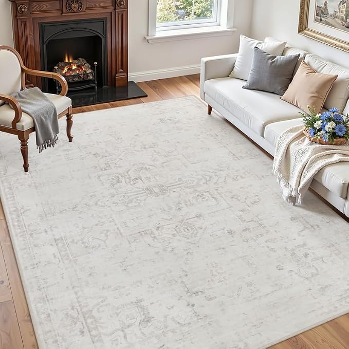 5x7 Area Rugs Living Room: Bedroom Washable Carpet Neutral Cream | Large - Image 3