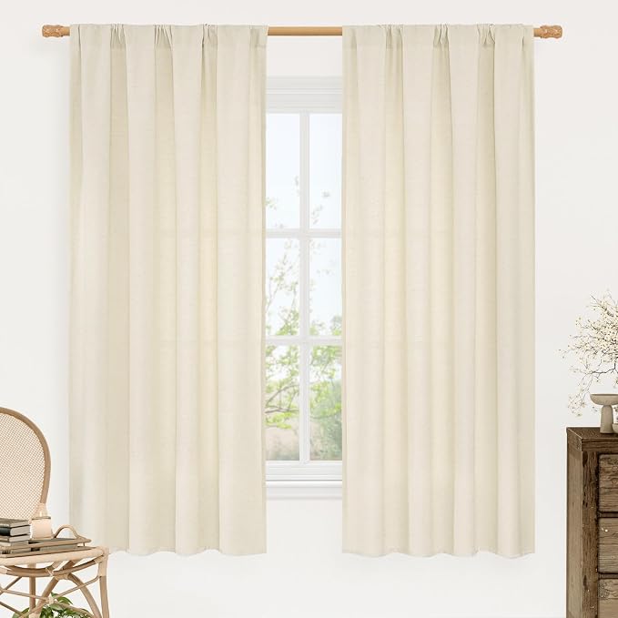 Semi Sheer Light Beige Linen Curtains 63 inch Length by LAMIT