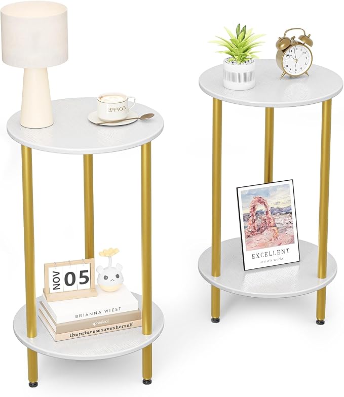 Round Side Table Set of 2, 2-Tier Modern Accent Table, Small Bedside Table by BITYODD-HOME