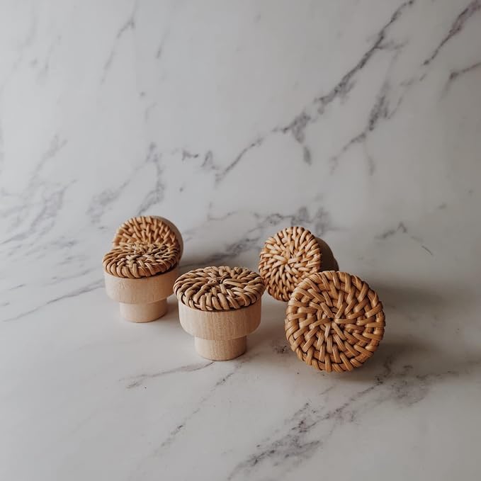 6pc Boho Rattan Knobs for Dresser, Cabinet; Handmade Boho Wicker Woven - Image 2