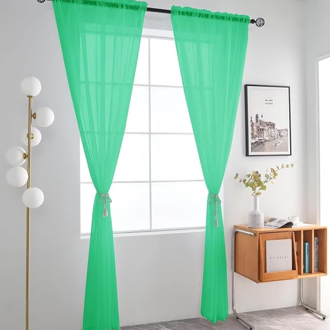 SpaceDresser Basic Rod Pocket Sheer Voile Window Curtain Panels Grass Green 1 - Image 2