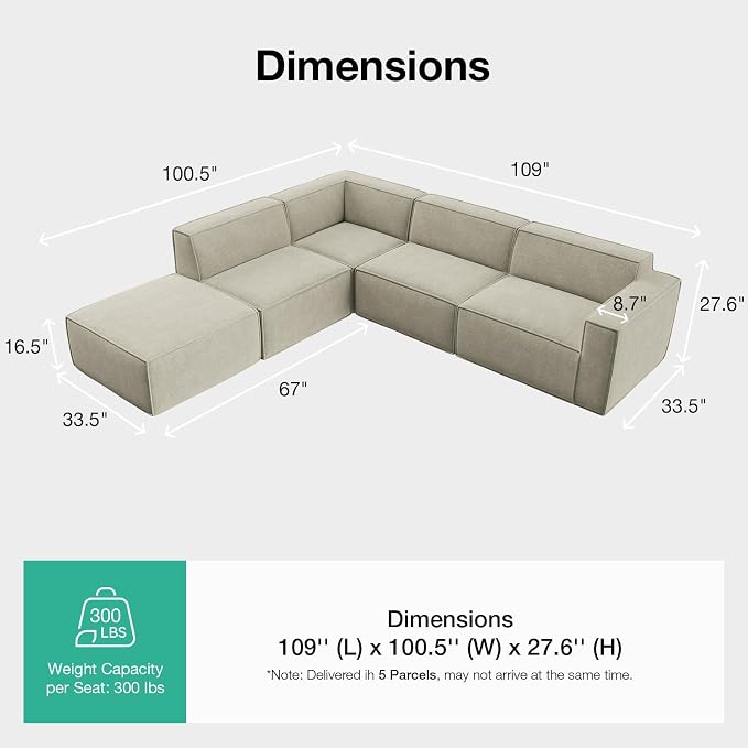 Novilla 109" Modular Sectional Sofa, No Assembly Cloud Sectional Couch - Image 2