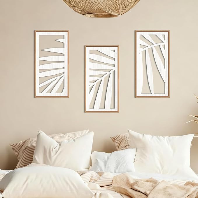 IARTTOP Tropical Palm Tree Leaf Wood Wall Art White Framed 8x16 Inch Set of 3 - Image 4