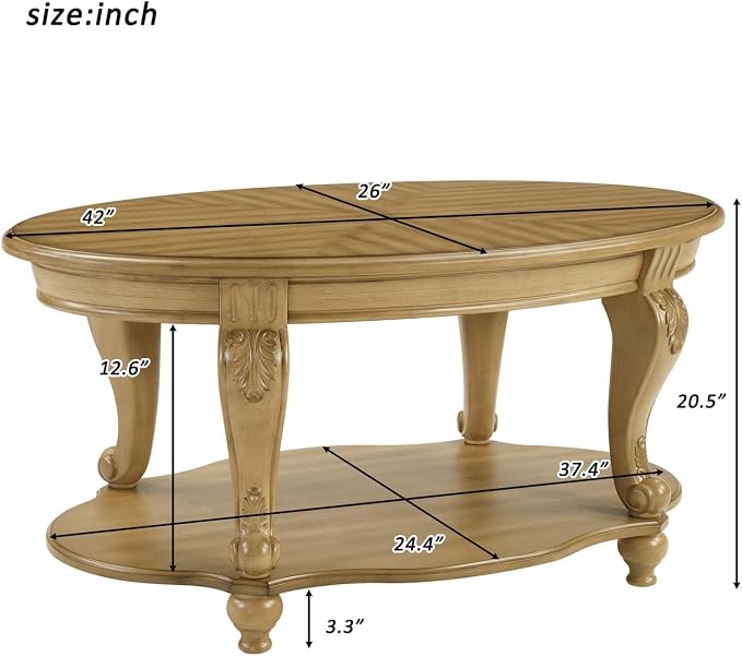 Oval Wood Coffee Table for Living Room, 2-Tier Solid Wood Coffee Table - Image 3