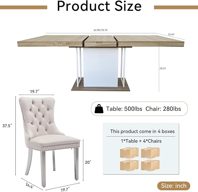Henf 63"-79" Dining Table Set for 4, 5 Pieces Extendable Dining Table and 4 - Image 7