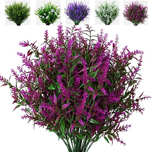 XLFAQXM 8 Pack Artificial Plants Flowers Grass Shrubs Lavender No Fade Faux Plastic Flowers Outdoor for Farmhouse Garden Porch Patio Indoor Wedding Decoration Greenery Fake Plants uv Resistant by XLFAQXM