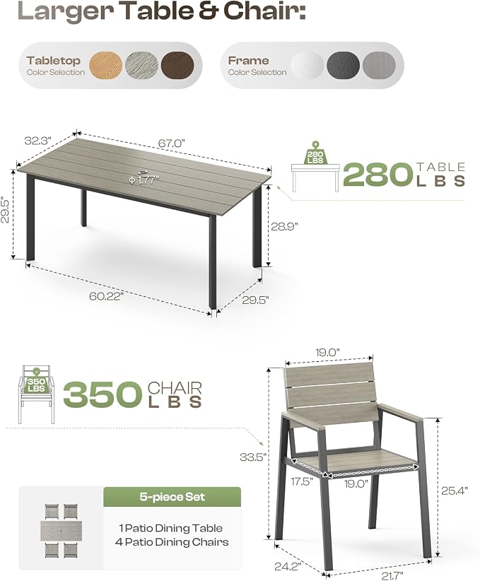67"*32.3"*29.5" Patio Dining Table, Seamless Rectangle Aluminum + HDPS Outdoor - Image 7