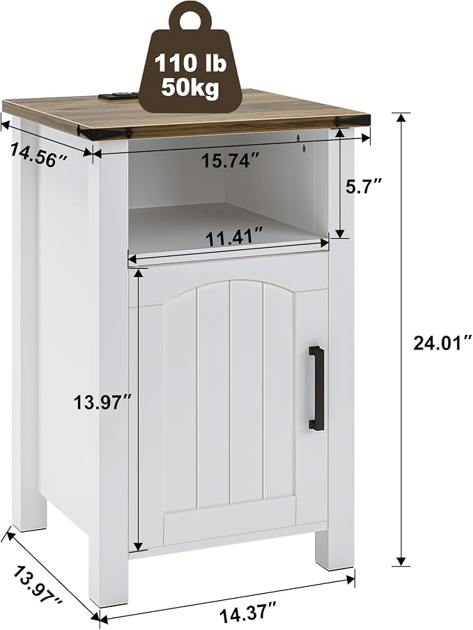 Farmhouse Nightstand with Charging Station, End Table with USB/Type-C Ports and - Image 3