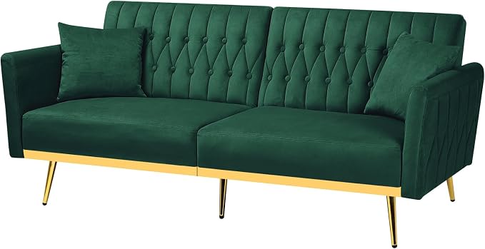 70” Velvet Futon Sofa Bed w/Adjustable Backrests and Armrests, Convertible - Image 8
