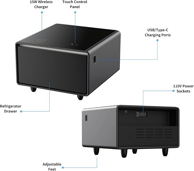 LUMISOL Smart Side Table with Built-in Fridge, Wireless Charging, Temperature - Image 8