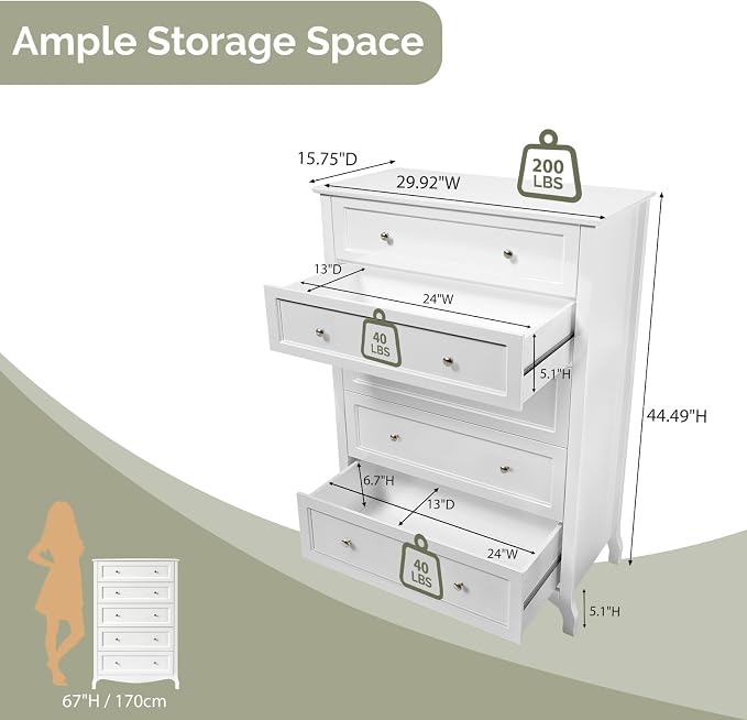 VINGLI White Dresser 5 Drawer Chest of Drawers - Image 3