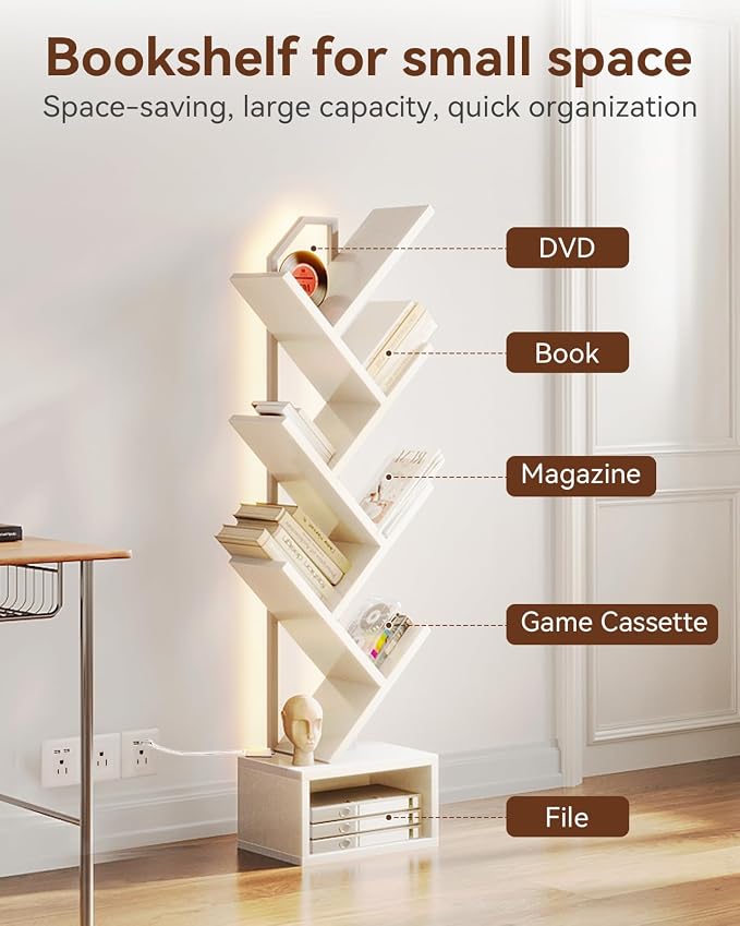 Casaottima Tree Bookshelf with LED Lights, 6-Tier Narrow Bookcase - Image 4